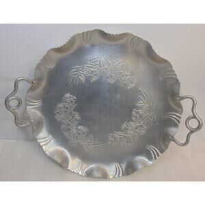 Vintage Scalloped Serving Platter Aluminum Serving Tray 15" Round Roses Handles